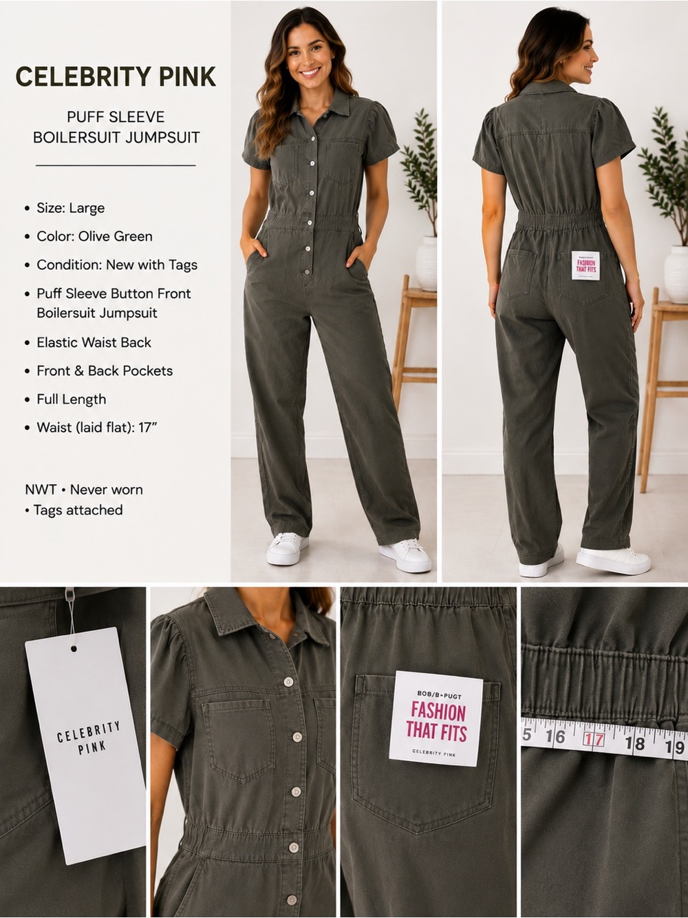 Celebrity Pink Olive Utility Puff Sleeve Boilersuit Jumpsuit